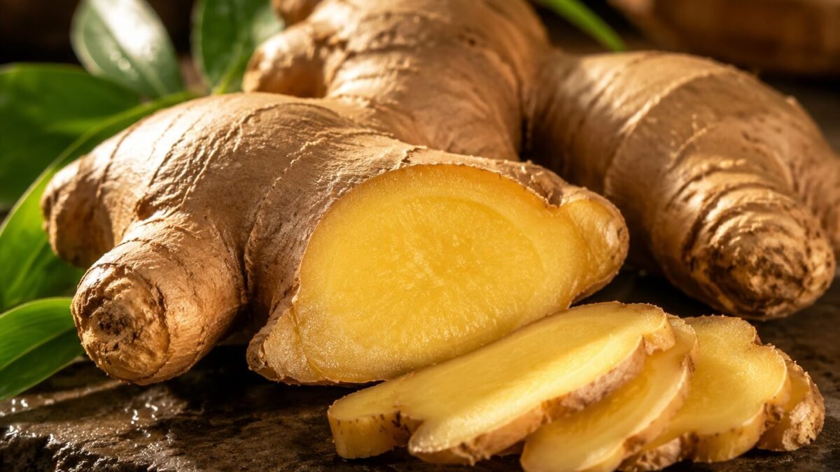 Raiz fresca de gengibre cortada ao meio mostrando interior amarelo
