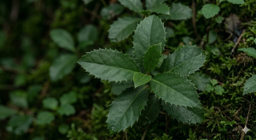 Folhas serrilhadas verde-escuras de espinheira-santa