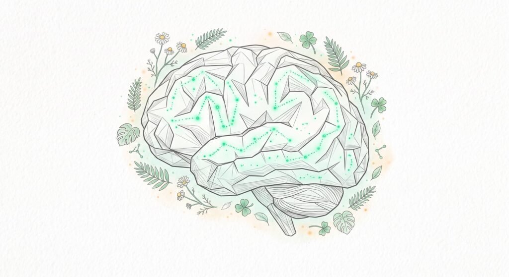 Ilustração de cérebro com partículas luminosas representando magnésio treonato e foco mental