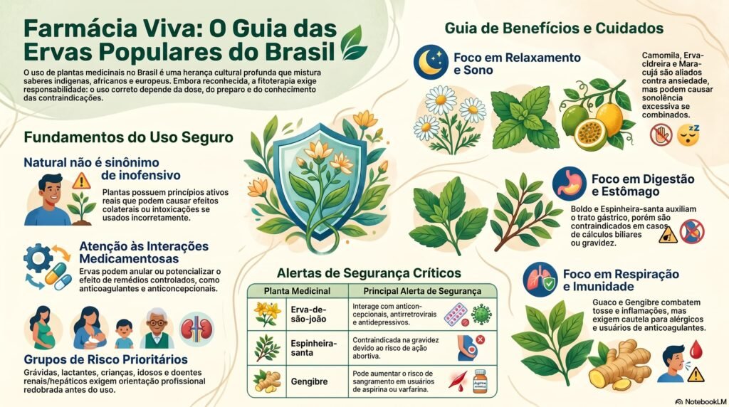 Infográfico sobre plantas medicinais brasileiras com guia de benefícios, cuidados, alertas de segurança e grupos de risco