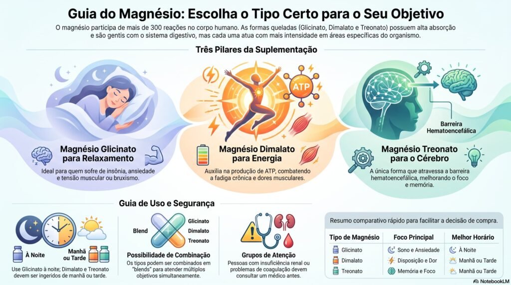 Infográfico comparativo dos tipos de magnésio glicinato dimalato e treonato com horários e indicações
