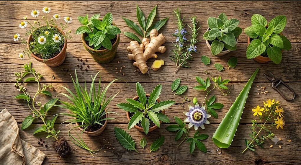 Ervas medicinais brasileiras dispostas sobre madeira rústica — camomila, hortelã, gengibre, alecrim, maracujá, aloe vera e outras