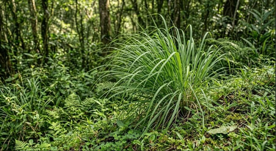 Touceira de capim-limão com folhas longas e finas ao vento
