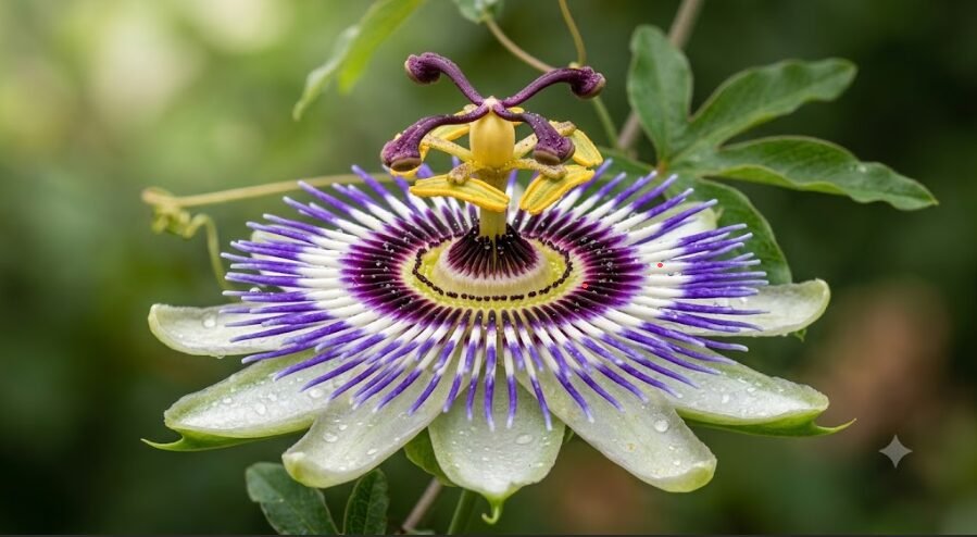 Flor de maracujá aberta com filamentos roxos e brancos em detalhe