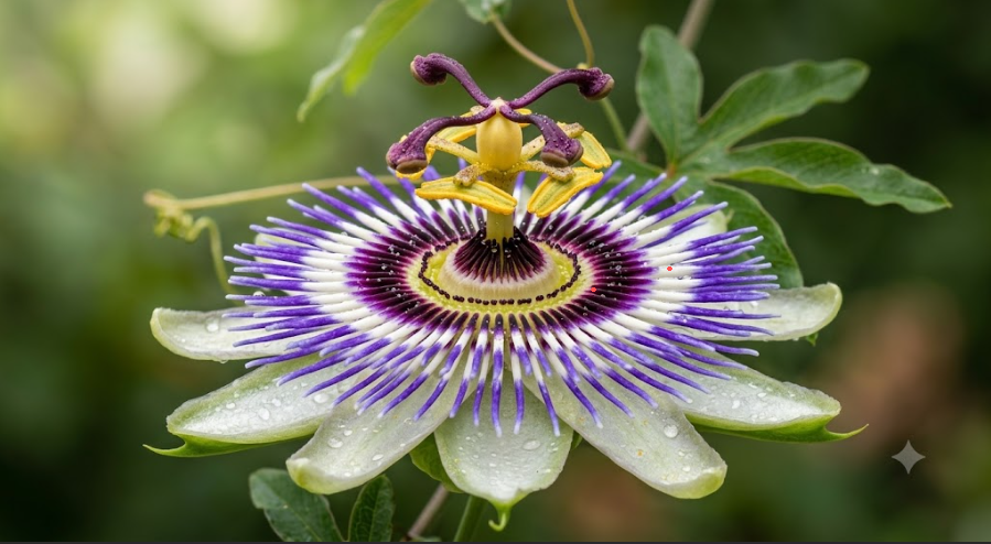 Flor de maracujá aberta com filamentos roxos e brancos em detalhe