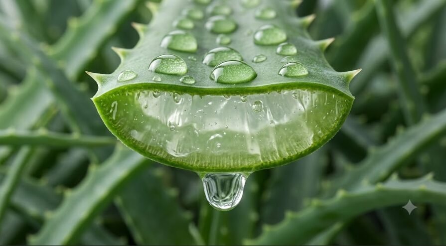 Folha de aloe vera cortada mostrando gel transparente no interior