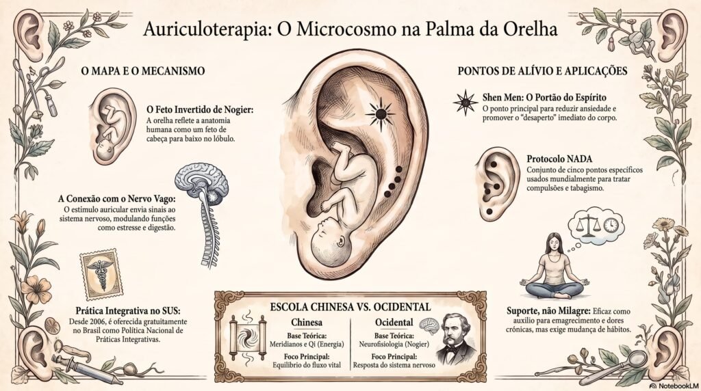 Infográfico Auriculoterapia: o microcosmo na palma da orelha