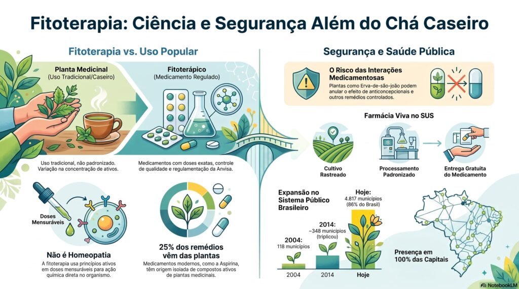 Infográfico sobre fitoterapia: diferença entre planta medicinal e fitoterápico, riscos de interação medicamentosa e expansão da Farmácia Viva no SUS