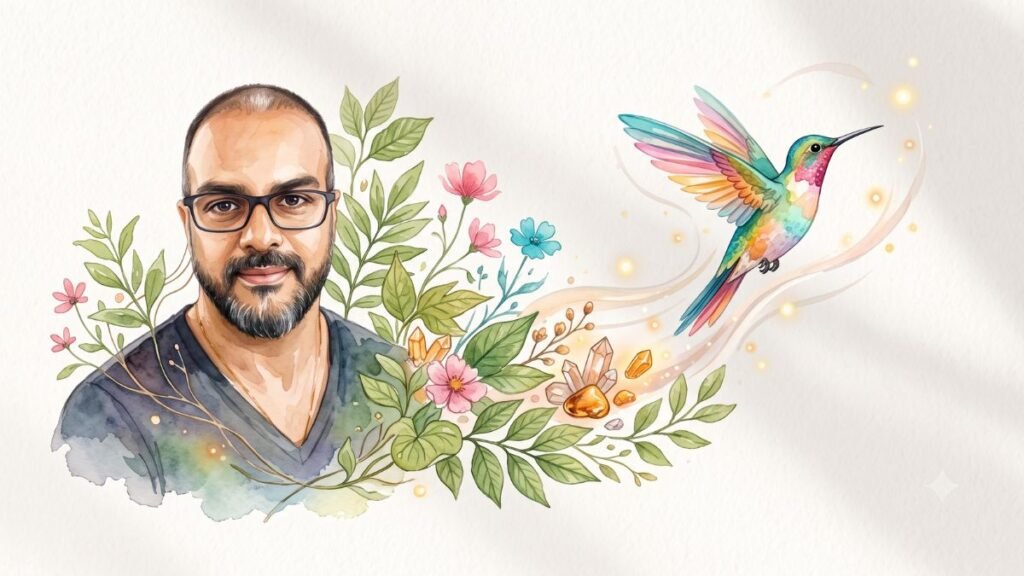 André Longo, criador do Beija-Flor Curador, rodeado de plantas medicinais, flores e um beija-flor colorido