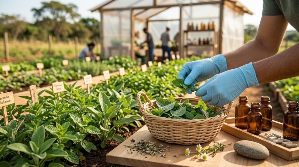 Colheita de plantas medicinais em horto da Farmácia Viva do SUS para fitoterapia