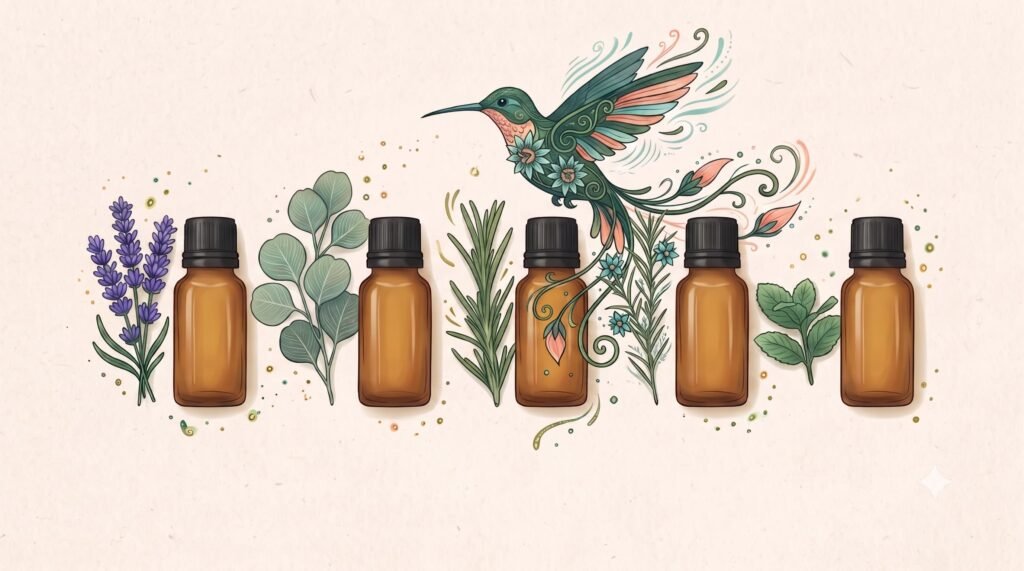 Cinco óleos essenciais mais usados em aromaterapia: lavanda, hortelã-pimenta, eucalipto, alecrim e melaleuca