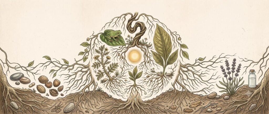 Ilustração botânica com cipó, folha de tabaco, raiz, flor de jurema e sapo em seu habitat, representando as cinco medicinas da floresta
