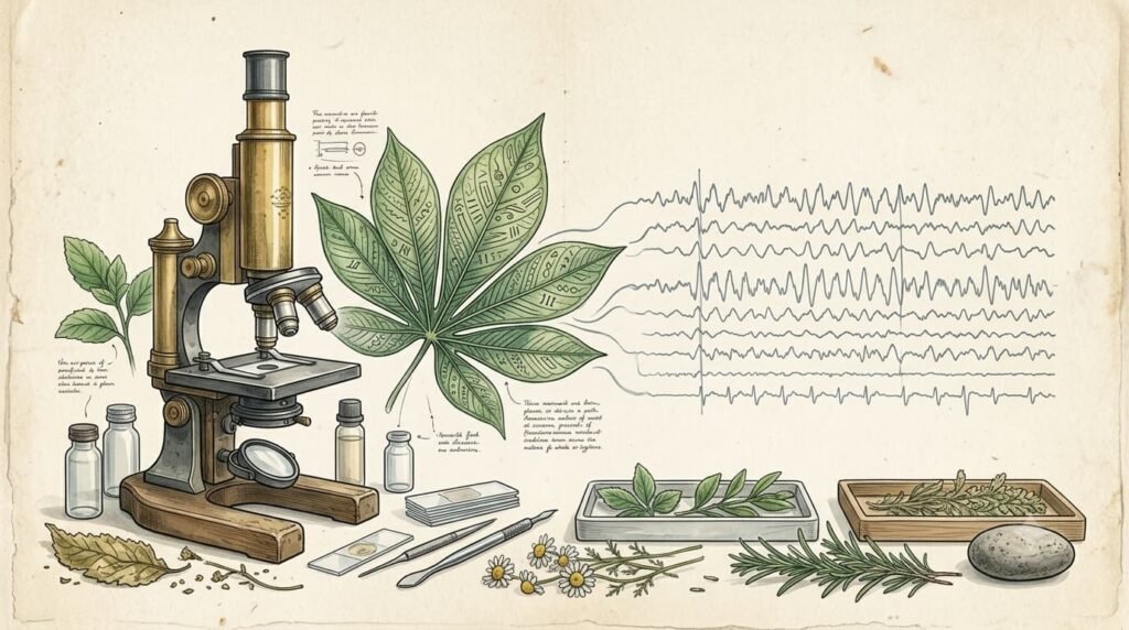 Ilustração científica de microscópio e planta amazônica representando pesquisa clínica
