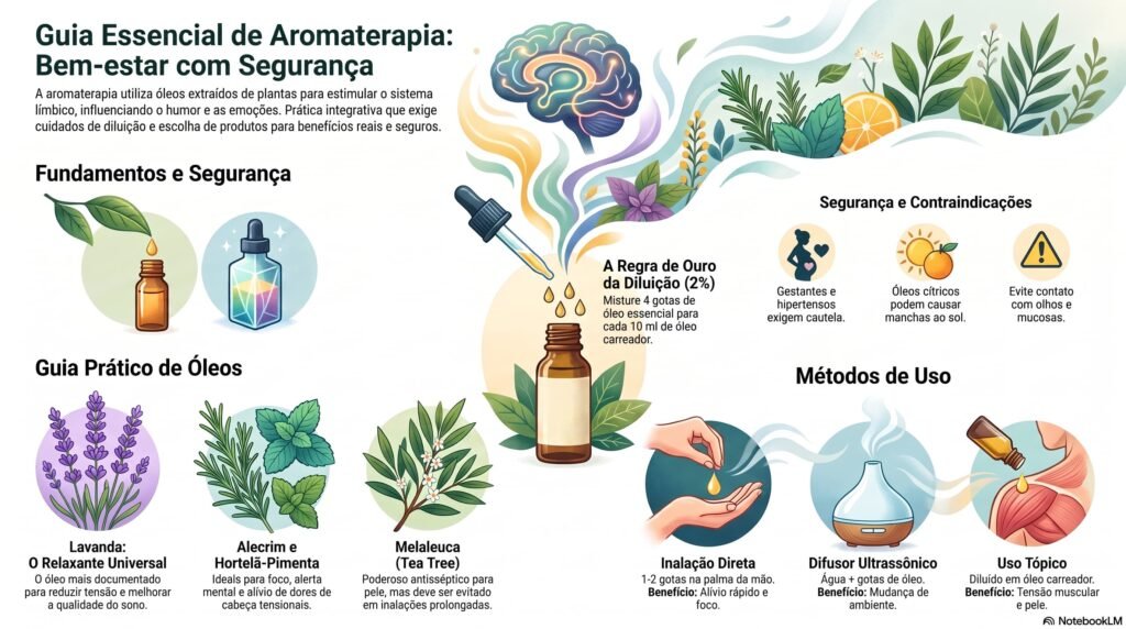 Infográfico Guia Essencial de Aromaterapia: Bem-Estar com Segurança
