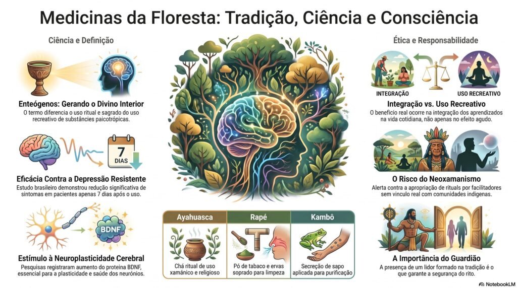 Infográfico Medicinas da Floresta: Tradição, Ciência e Consciência.