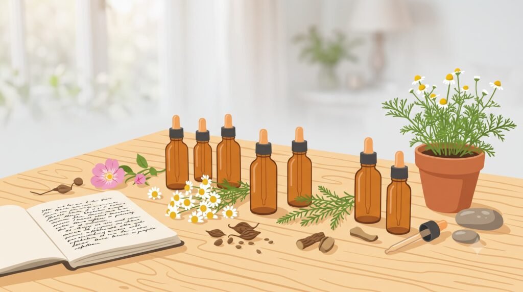 Ilustração flat design de frascos de vidro âmbar de Florais de Bach com conta-gotas ao lado de flores silvestres estilizadas, em tons de âmbar, bege e verde suave.