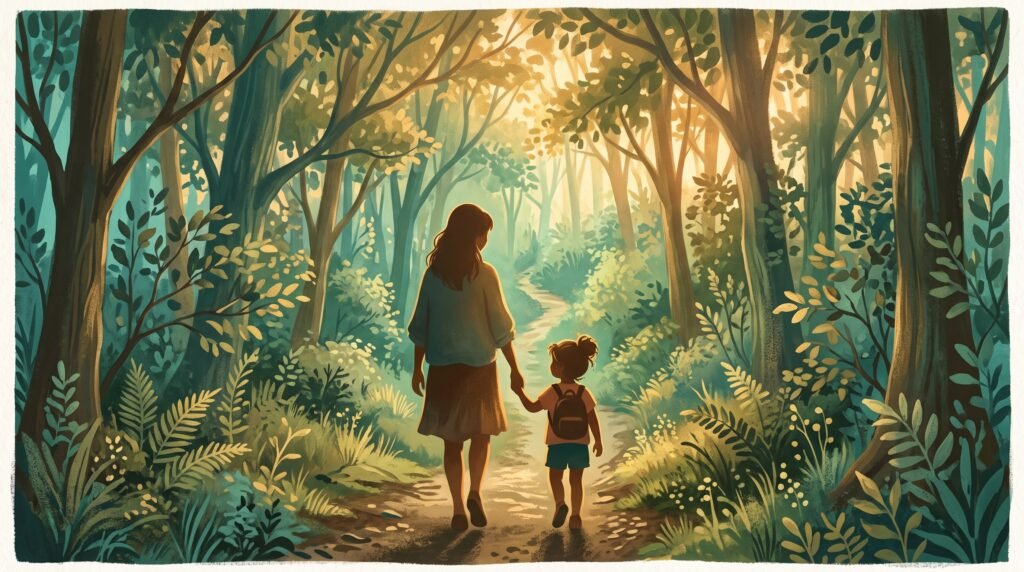 Mãe e filha caminhando de mãos dadas em direção a uma floresta, representando o cuidado com a Mãe Terra como quem cuida de um ente querido.