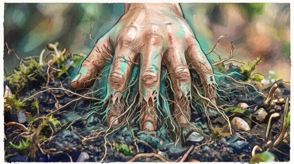 Mão parcialmente enterrada na terra com dedos se transformando em raízes, simbolizando o pertencimento à Mãe Terra.