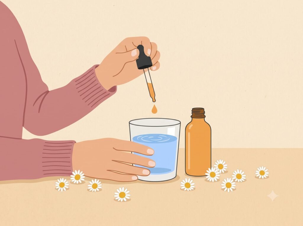 Ilustração flat design de uma mão pingando gotas de um frasco de Florais de Bach com conta-gotas em um copo de água, traços simples e orgânicos
