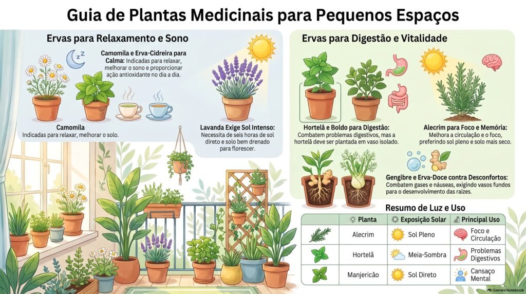 Infográfico guia de plantas medicinais para pequenos espaços