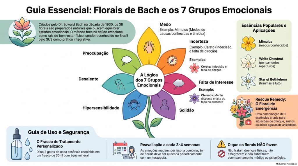 Infográfico Guia Essencial: Florais de Bach e os 7 Grupos Emocionais