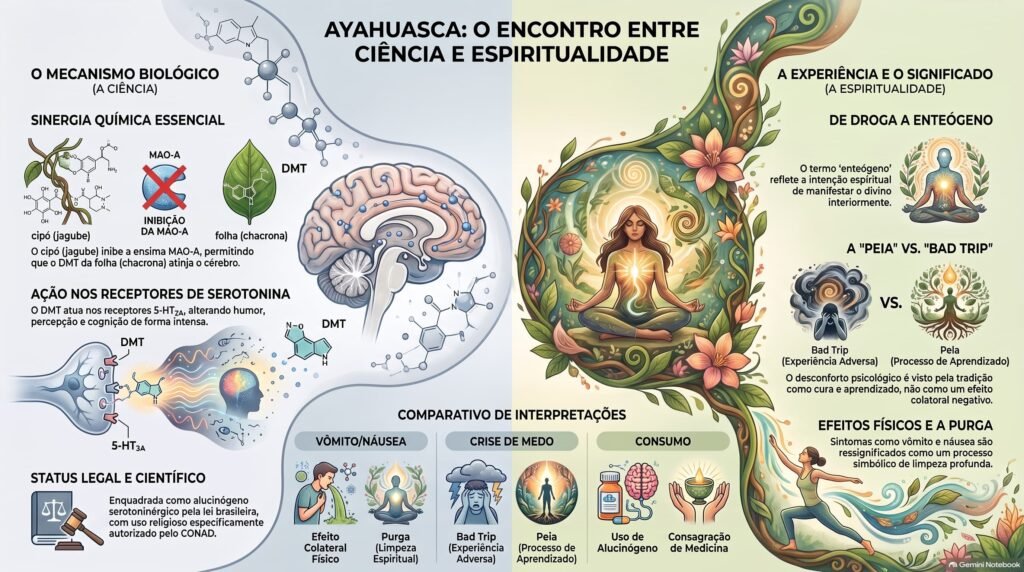 infográfico ritual de ayahuasca: ciência e espiritualidade