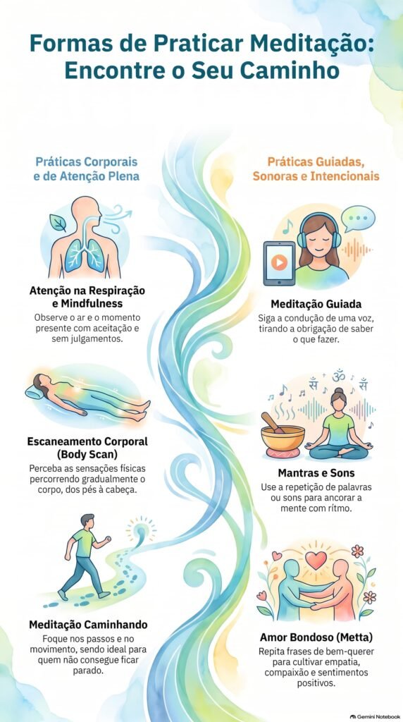 Infográfico formas de praticar meditação para iniciantes